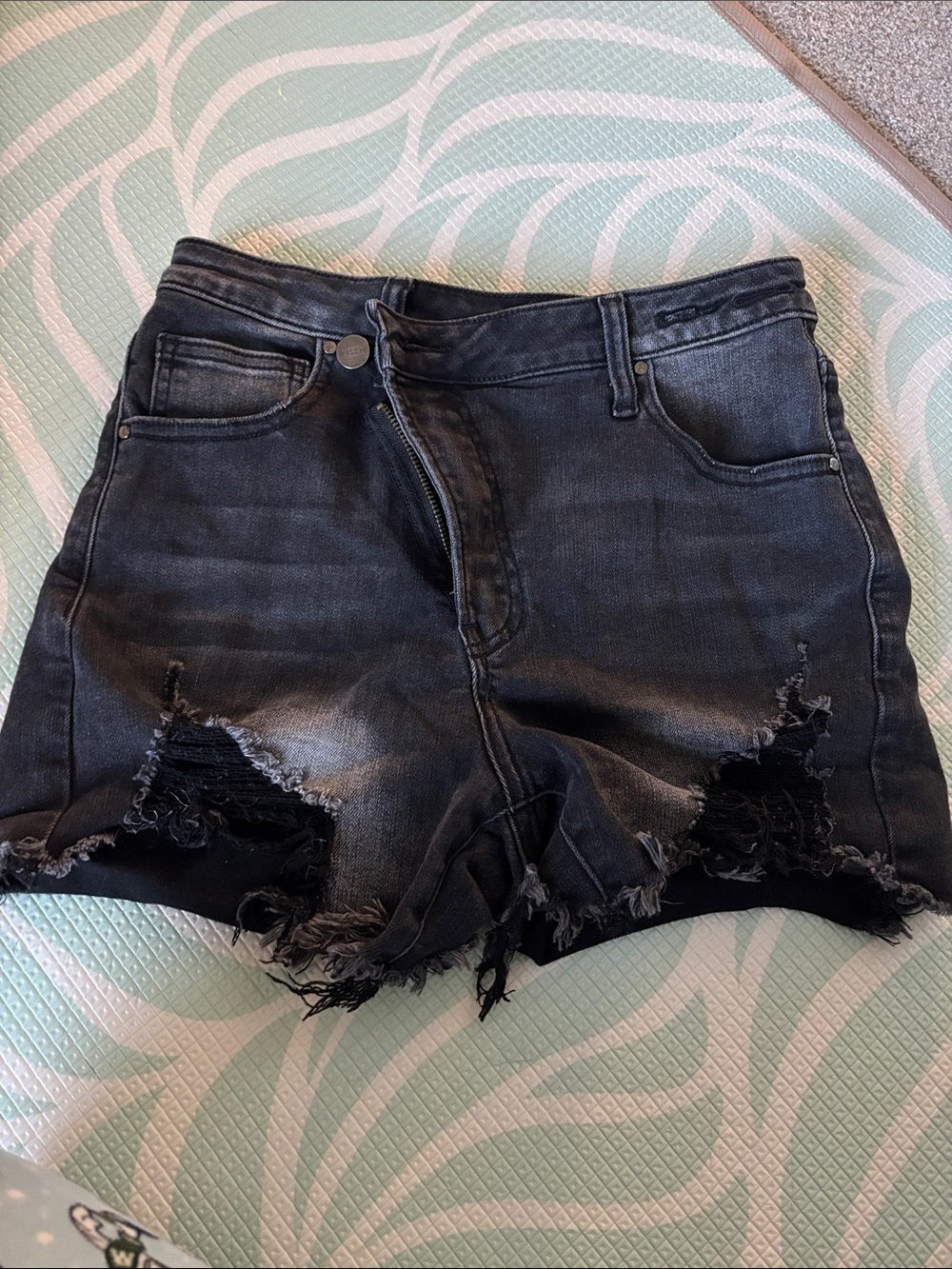 High-Rise Distressed Black Denim Shorts